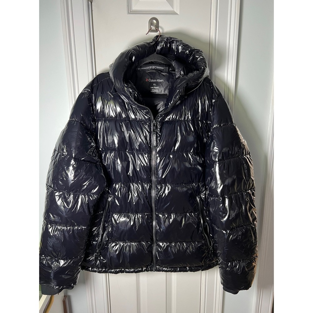Calvin Klein Mens Shiny Black Puffer Jacket Water Resistant Hooded Coat XL